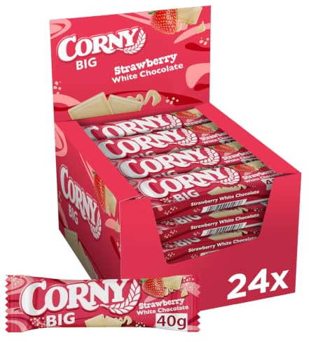 Müsliriegel Corny BIG Strawberry White Chocolate | XXL-Riegel | 24 x 40 g | Mit wertvollem Getreide | XXL-Riegel | Ideal für unterwegs | Für Schule, Büro, Freizeit & Reisen | Praktisch einzeln verpackt