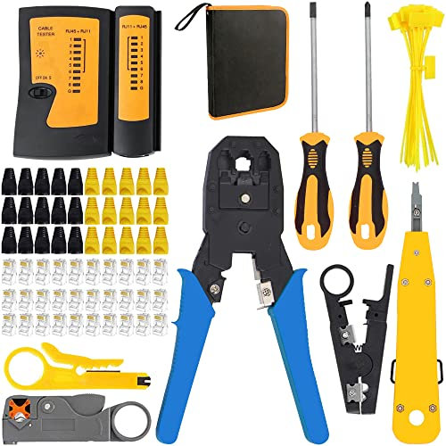 MAYLINE - Pinza crimpadora RJ45 Kit de herramientas de red, cables, pinza crimpadora CAT7, CAT5, CAT6, trabillas de mantenimiento de red LAN, probador de conectores, 50 unidades, prensadora pasante