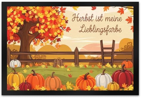 speecheese Herbstliche Landschaft mit Kürbissen Fußmatte XL in 40x60 cm - Herbst ist Lieblingsfarbe mit Kürbissen Holzleiter unter Baum und orangefarbenen sowie gelben Blättern