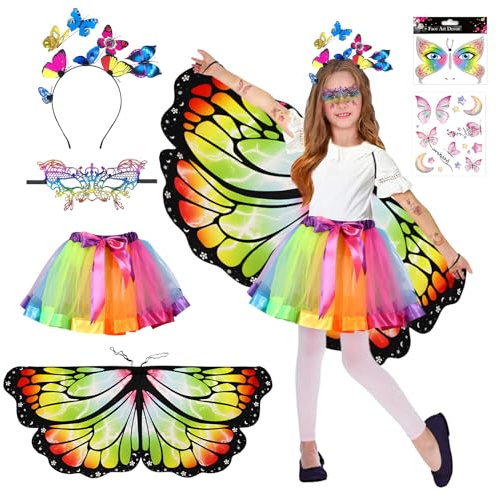 6 Stück Schmetterlingsflügel Kinder,Schmetterling Kostüm Kinder mit Bunte Flügel,Schmetterling Haarreif,Maske,Tüllrock,Tattoos,Aufkleber,Mädchen Schmetterlingsflügel für Cosplay,Karneval,Mottoparty