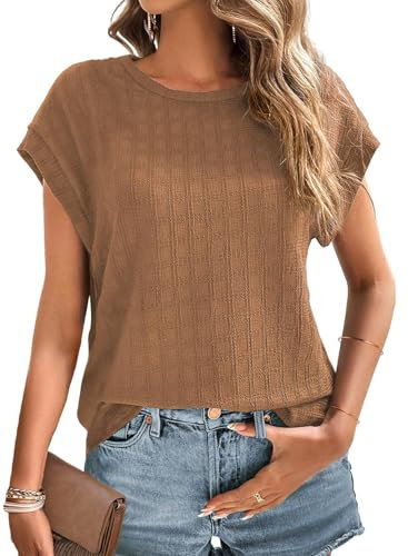 Cuptacc Tshirt Damen Crew Neck Top Mit Kappenärmel Plaid Oberteile Lang Blouse Elegant Braun, Groß L 42-44
