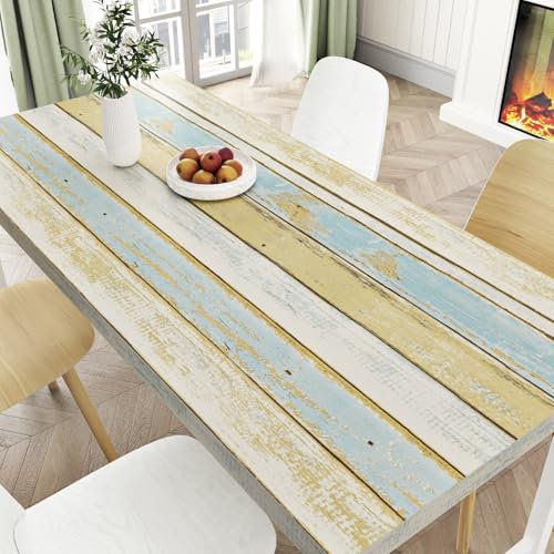 Yullpaper Beige & Blue Wood Effect Vinyl Self Adhesive Wallpaper for Kitchen Counter Vinyl Wrap Sticky Back Wood Panel Wallpaper for Living Room Kitchen Cupboard Wrap Worktop Covering 40cm x 800cm