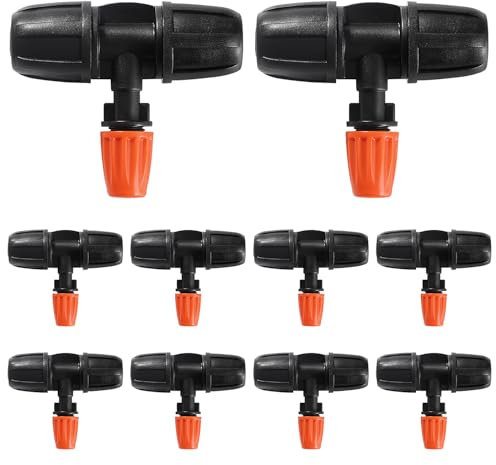 VooGenzek 10 Pezzi Ugelli Atomizzatori a Tre Vie per Tubo 8/12 mm, Ugello Atomizzatore Regolabile con Connettori a T Spinati, Emettitori di Irrigazione a Spruzzo, per Prato, Giardin