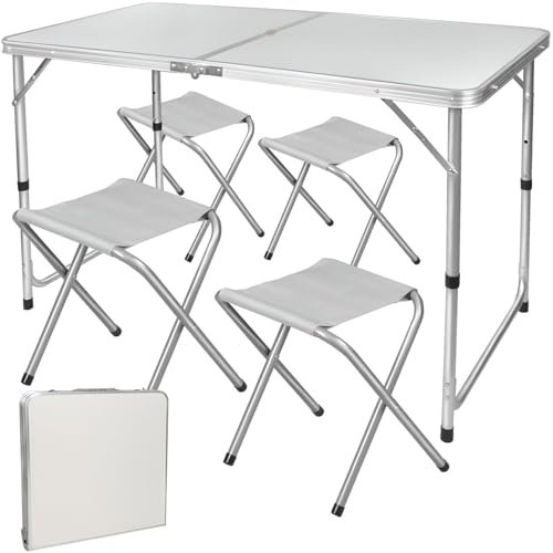 Klapptisch Set mit 4 Stühlen Campingtisch 120 x 60,5 cm Groß - Falttisch Höhenverstellbar Klappbar leicht transportabel - 4 Personen Tisch Mehrzwecktisch für Outdoor, Campen oder Festival