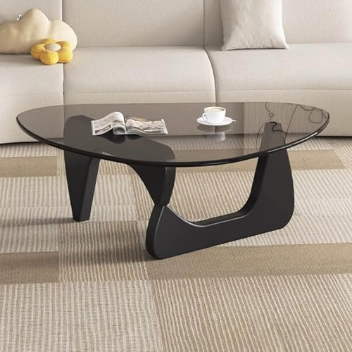 WappiGo Couchtisch aus Glas, Mid Century Couchtisch mit dreieckigem Massivholzsockel und verdicktem gehärtetem Glas, für Wohnzimmer, Homeoffice, 83 × 57 × 40 cm