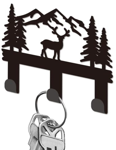 DELORIGIN Porte Clés pour Mur Porte Clés Mural en Fer Noir avec 3 crochet pour Clés Mountain Deer Petits Porte Clés pour Clés de Maison pour le Rangement des Clés dans L'Entrée