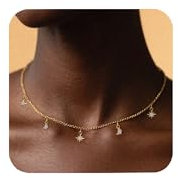 ALEXCRAFT Gold Ketten Halskette für Damen Frauen, Vergoldet Silber 925 Halsketten mit Sterne Mond Zirkonia Charm Kette, Verstellbare Schlüsselbeinkette Stapelbare Halsketten Boho Gold Schmuck Ketten