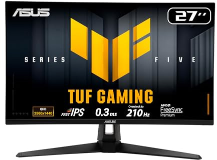 ASUS TUF Gaming 27” 1440P Monitor (VG27AQL5A) – QHD (2560 x 1440), 210Hz, 0.3ms, Fast IPS, Extreme Low Motion Blur Sync, Speakers, DisplayWidget Center, Gaming AI, Height Adjustment, 3 yr Warranty