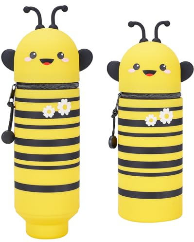 2 In 1 Silikon Federmäppchen – Kawaii Tiermäppchen Biene, Weiches Schulmäppchen mit Reißverschluss, Stehendes Stiftemäppchen für Kinder, Schüler, Büro