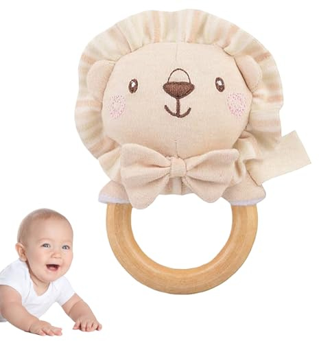 Wooden Hand Rattle - Cute Animal Shape Teething Toy, Plush Fabric Shaker with Ring Handle, Gentle Sound Grip Toy | Educational Portable Fun for Boys Girls Home Sensory Stimulation
