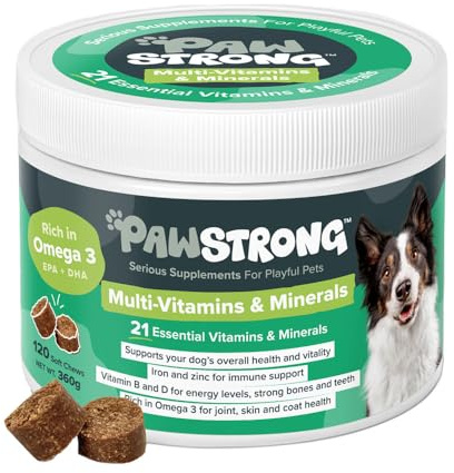 PawStrong Multi-Vitamins & Minerals Soft Chew Dog Supplements – 21 Essential Nutrients for Daily Health, Energy, Joints, Skin & Coat with Omega 3 EPA & DHA – 120 Soft Chews