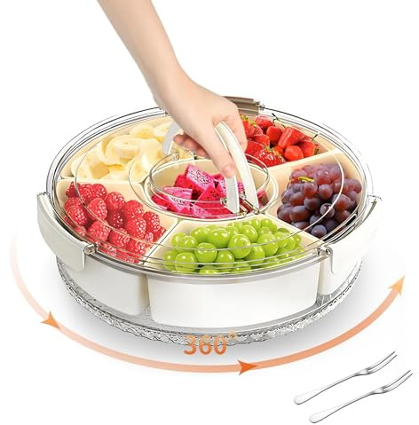 S&M Snack Box Container for Kids, Rotating Veggie Tray with Lid, Divided Serving Trays for Parties, Fruit and Vegetable Tray with Lid for Fridge (Small 10)