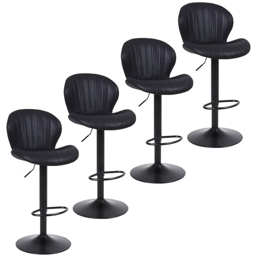 Nusetx Modern Bar Stools Set of 4, Height Adjustable 360° Swivel Barstools, PU Leather Kitchen Island Counter Chairs with Back & Footrest, Black