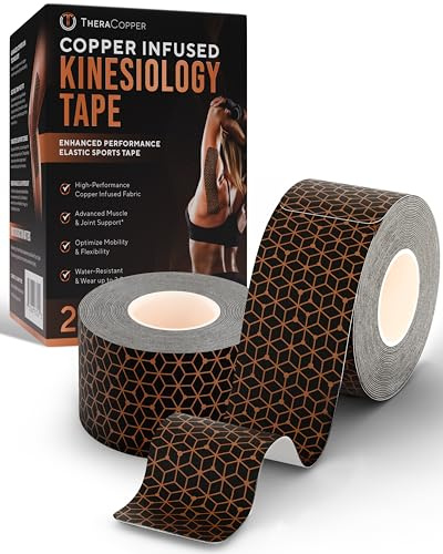 TheraCopper Copper Infused Kinesiology Tape - 2 Rolls, 40 Precut Strips