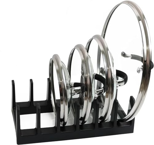PRADICHI Pan Organiser for Cupboard – Plastic Pot Lid Holder with 6 Sections | Pot Lid Organiser | Pan Storage Organizer | Pot & Pan Racks | Kitchen Accessories (Black)