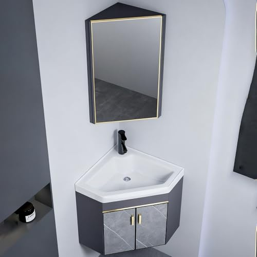 Eck-Waschbecken Unterschrank mit Spiegel, Wandmontierter Keramik-Waschbecken Schrank für kleine Badezimmer(43cm/16.9in)