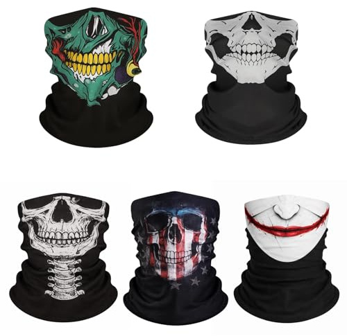 Menibeuty 5 pièce Cache-Cou Foulard Multifonctions, Cache cou Moto Séchage Mask Sport Masque Visage Rapide Ghost Demi-Tête de Mort Homme Hive et Femme, Moto Masque pour Sport Cyclisme Yoga Randonnée