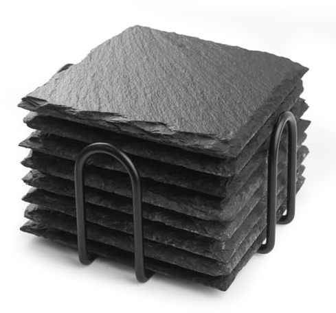 Slate Coasters Set of 8, Square Black Drink Coasters with Holder, DIY Engraving Coffee Table Drinks Coastersset, 4 Inch Stone Coaster for Housewarming Gifts (Square Black holder-8pieces)