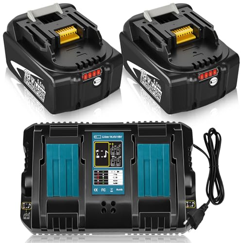 2Stück 5500mAh BL1860B Kompatibel für Makita Akku 18V 5.5Ah + 1Stück Doppelte Aufladung 3A DC18RD Ladegerät Kompatibel für Makita Ladegerät 14,4V- 18V