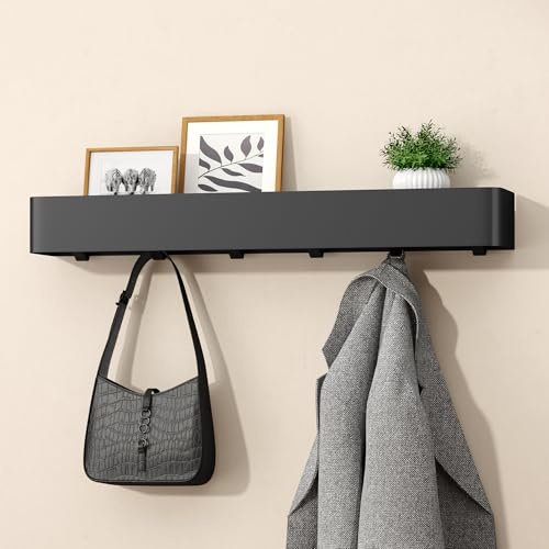 doporro Wandgarderobe mit Ablage, Garderobenleiste schwarz 60 cm, 6 Haken | Garderobenhaken als Jackenaufhänger & Garderobe, Kleiderhaken Wand ohne Bohren oder mit Bohren für Flur, Bad & Küche
