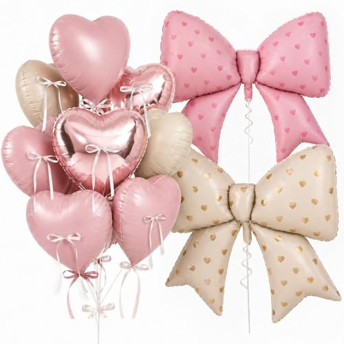 Party Deko Herz Luftballons & Schleifen Set Herzluftballons Schleifenballons Schleife Deko Babyparty Gender Revael Geburtstag Deko Hochzeit Verlobungsfeier Valentinstag Dekoration (Rosa Weißes Herz)