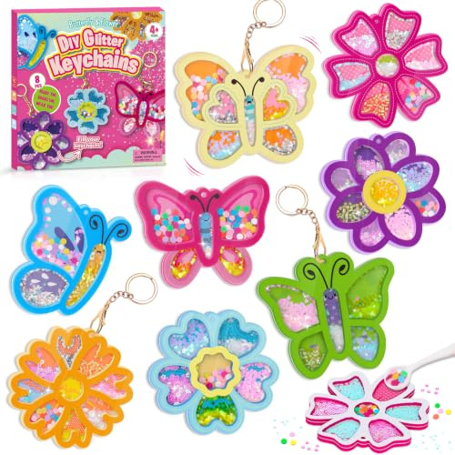 Bastelset Kinder ab 4-10 Jahre, Glitzer Schlüsselanhänger Selber Machen | Geburtstags Geschenk Mädchen 5 6 7 8 Jahre, DIY Blumen & Schmetterlinge Basteln Mädchen 4+ Jahre, Kreatives Shaker Spielzeug