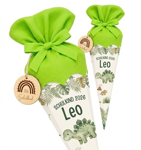 Kidsmood personalisierte Schultüte inkl. Rohling, Filz-Stoff & Holzschild, Zuckertüte als Geschenk zur Einschulung Mädchen & Jungen, Einschulungsgeschenk für Schulkind 2026 - Dinos (Grün)