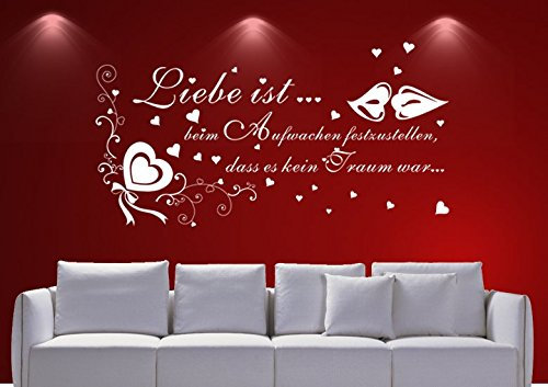 Wandtattoo wandaufkleber Aufkleber Wandsticker wall sticker Wohnzimmer Schlafzimmer Kinderzimmer 30 Farben zur Wahl Wandtext Wandwort Wandspruch spruch Zitat ENGEL Liebe ist ??? wzt10(010 weiss, Größe3:ca.130x59cm )