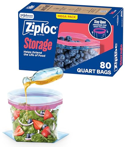 Ziploc Quart Food Storage Bags, Stay Open Design with Stand-Up Bottom, Easy to Fill, 80 Count