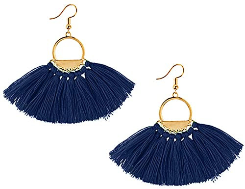 Suyi Women Tassel Earrings Bohemia Fan Shape Thread Tassel Statement Drop Dangle Earrings for Girl Lady Dark Blue
