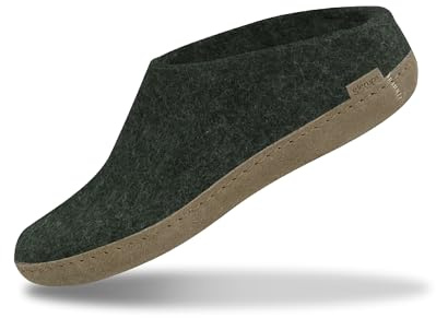 GLERUPS Slip On Slippers Women and Men (Size 12) | Green Unisex Slip-on Wool Slippers with Leather Sole | Comfy Slippers Women Men | Cosy Gents and Ladies Slippers