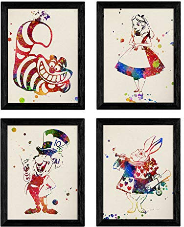 Nacnic Set di quattro lame stile di esplosione stile. Poster Alice nel paese delle meraviglie, A4 Size Alice, Coniglio, Cappellaio e Gatto con cornice nera