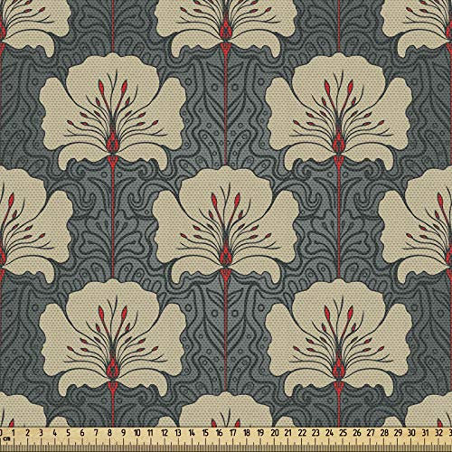ABAKUHAUS Blumen Gewebe als Meterware, Jugendstil-Mohnblumen, Schön Gewebten Stoff für Polster und Wohnaccessoires, 1M (148x100cm), Zinnoberrot Grau Tan