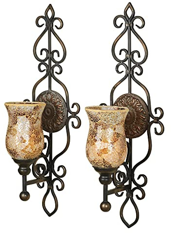Touch of Class Leyanna Mosaic Wall Sconce Pair - Aged Brown, Victorian Style, Made of Metal, Glass - Antique Sconces, Medallion Designs - Set of 2, Ornate Candle Holder