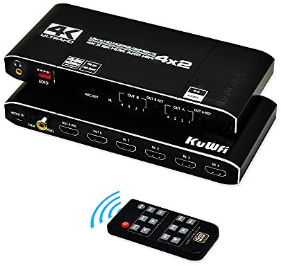 KuWFi Switch HDMI Matrix 4 Entrées à 2 Sortie, HDMI Switch Splitter Prise en Charge HDCP 2.2 IR Télécommande Commutateur HDMI Sélecteur HDMI Splitter Compatible avec Xbox Blu Ray PC DVD TV PS5 PS4