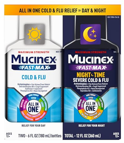 Mucinex Fast-Max Cold and Flu & Nightshift Medicine for Adults, Over-The-Counter Medication Combo Pack for Sore Throat Relief, Decongestant, Cough & Cold Medicine (2 x 6 Fl Oz)