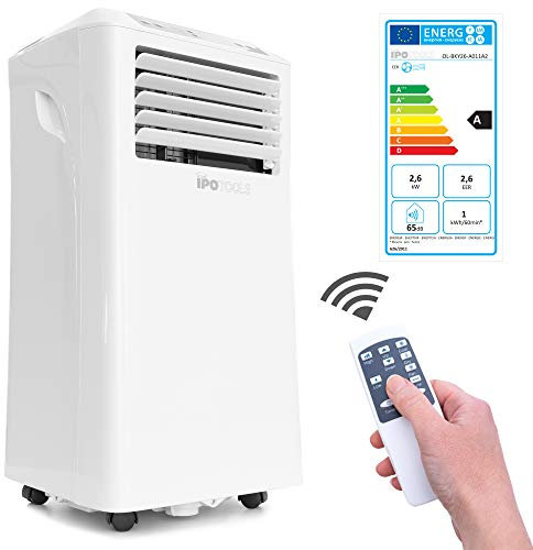 IPOTOOLS Climatiseur mobile avec tuyau d'évacuation d'air 3 en 1 Climatisation portable/Refroidissement/Aération / 9000 BTU/Télécommande/Minuteur 24 h/Liquide de refroidissement R290