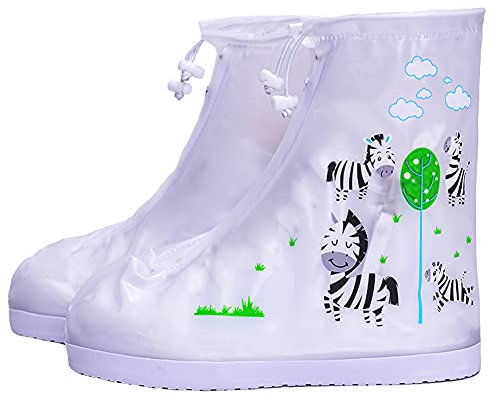 Lazeny Copriscarpe Impermeabili per Bambini, Riutilizzabile Pioggia Stivali con Cerniera, Ciclismo Camminare Sovrascarpe, Ragazza Ragazzi Antiscivolo Pioggia Scarpa Protezione (M,Nero Zebra)