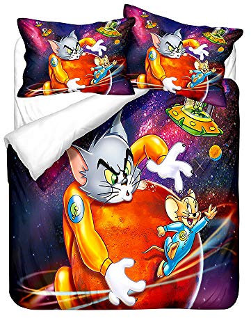 NICHIYO Tom and Jerry Bettwäsche-Set – Bettbezug und Kissenbezug, Mikrofaser, 3D-Digitaldruck, dreiteilige Bettwäsche (1, Einzelbett 135 x 200 cm)