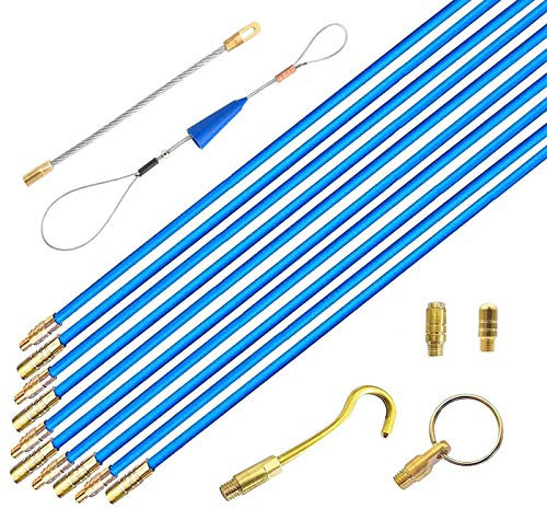 33' Fiberglass Electrical Connectable Fish Tape Pull Kit, Cable Rod Set with Hook and Hole Kit in Transparent Tube, Wire Running Kit Wall Cable Rod Pull Push Tool (Blue, 10Rods x 1M)