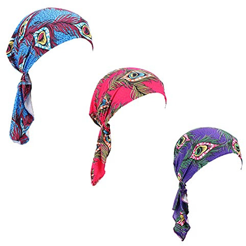 Vorgebundener Chemo-Kopftuch, 3er-Pack, Beanie-Totenkopf-Abdeckkappe für Damen (Set6-langer Stil), A21-3 verpackt, Einheitsgröße