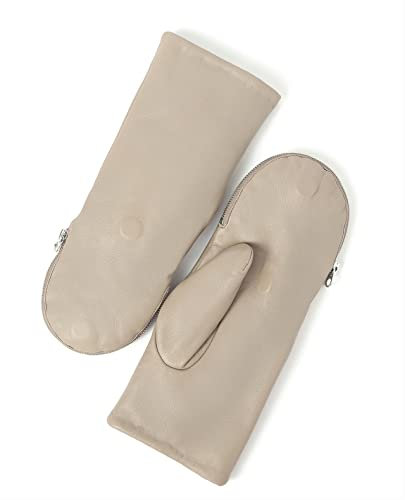 YISEVEN Damen Lederhandschuhe Fäustlinge Reißverschluss Geschenk, Beige 7.0/M