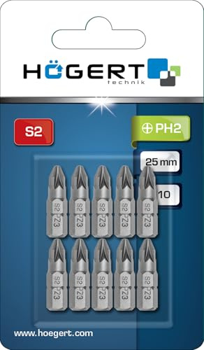 HÖGERT TECHNIK – Bit-Set PH2 25 mm, 10 Stück im Blister, S2-Stahl, gehärtet HRC 58–60, 1/4 Sechskantschaft, DIN 3126, für Netz- und Akkuschrauber, hochbelastbar & präzise