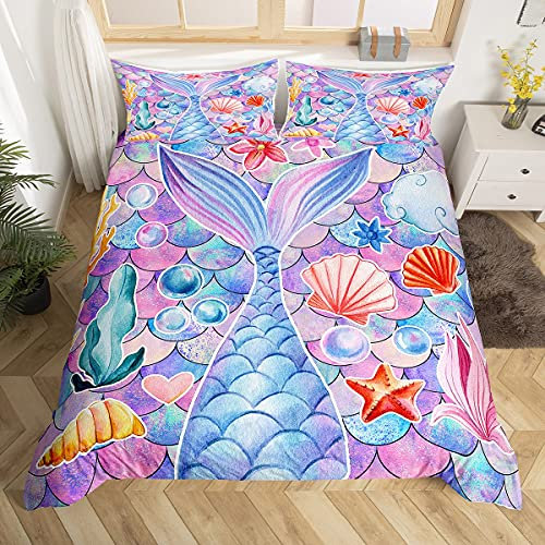 Loussiesd Ozean Bettwäsche Set 135x200cm für Mädchen Jungen Meerjungfrau Waage Betten Set Fischschwanz Bettbezug Set Mädchenhaft Bunte Glitzer Raumdeko Hawaiian Leben im Meer Bettwäsche Sammlung