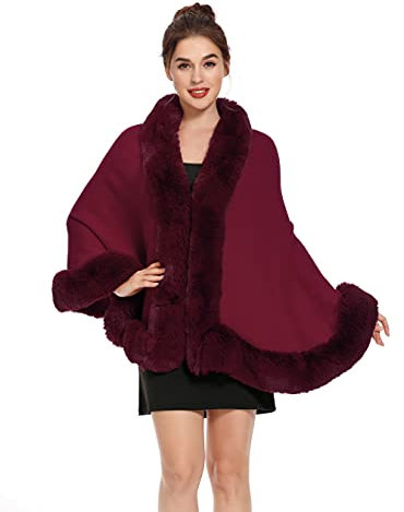 ZLYC Damen Winter Kunstpelz Poncho Cape Strick Schal Stola Warm Cardigan (Burgund)