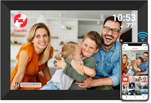 FRAMEO Smart Digital Picture Frame WiFi Cloud 10.1 Inch HD 1280x800 IPS Touch Screen Digital Frame with 16GB Storage Easy Setup to Share Photos or Video via Frameo APP Auto-Rotate Wall Mountable Black