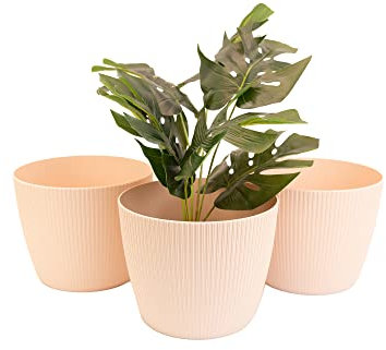 Home Garden Ornaments Blumentopf Übertopf Set aus 3 Kunststoff Blumentöpfen – Streifenmuster, ohne Drainagelöcher – Übertöpfe für Zimmerpflanzen (15.5 cm, Beige)