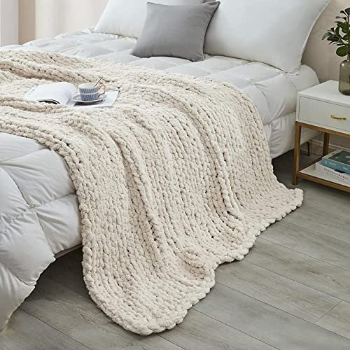 Decke Grob Gestrickte Kuscheldecke Grobstrick Wolldecke Tagesdecke Strickdecke Überwurf Zuhause Dekor Geschenk (beige 100x200cm)