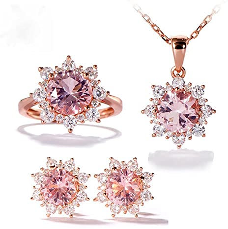 YINGQI Morganit-Edelstein-Schmuckset für Frauen aus massivem 925er Sterlingsilber, Ring, Ohrringe, Halsketten, Roségold, Schmuck für Frauen