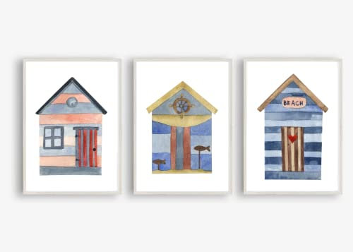 Din A4 Kunstdruck ohne Rahmen 3er Set - Beach House - Strandkabine - Strandhaus Meer Maritim Strand Badezimmer Aquarell - Bild Poster Druck